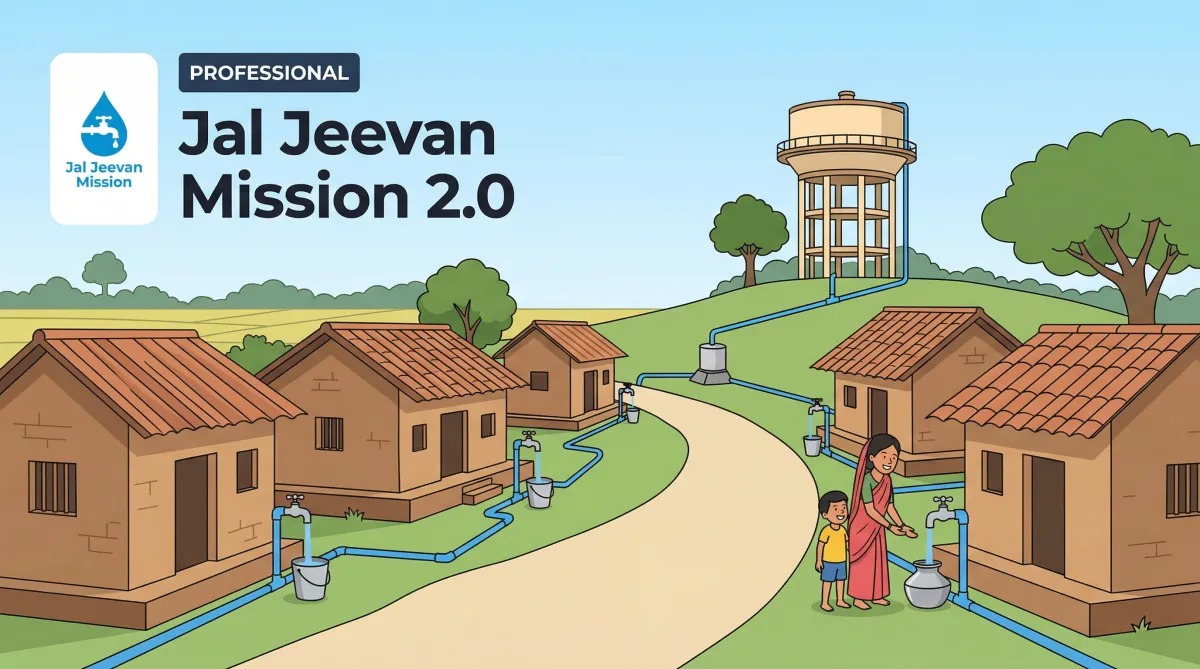 Jal Jeevan Mission 2.0 rural tap water supply scheme illustration showing village households connected to water pipeline system